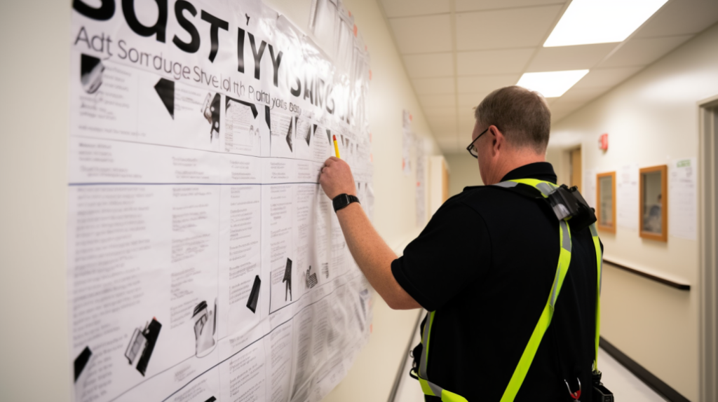 School safety inspection focusing on wall decorations, with a checklist and safety guidelines being reviewed.