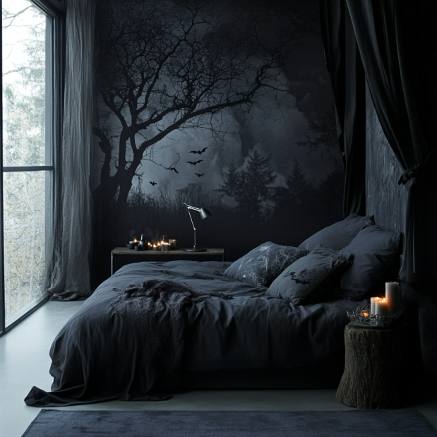 A room with Halloween-themed wallpaper featuring ghosts, pumpkins, and a cozy, festive ambiance.