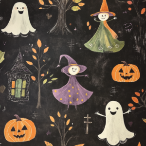 A room with Halloween-themed wallpaper featuring ghosts, pumpkins, and a cozy, festive ambiance.