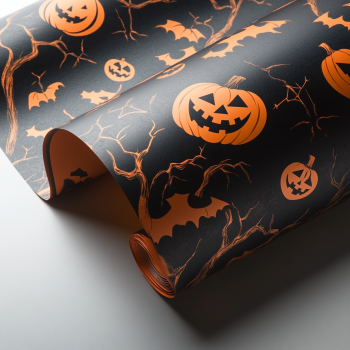 A room with Halloween-themed wallpaper featuring ghosts, pumpkins, and a cozy, festive ambiance.