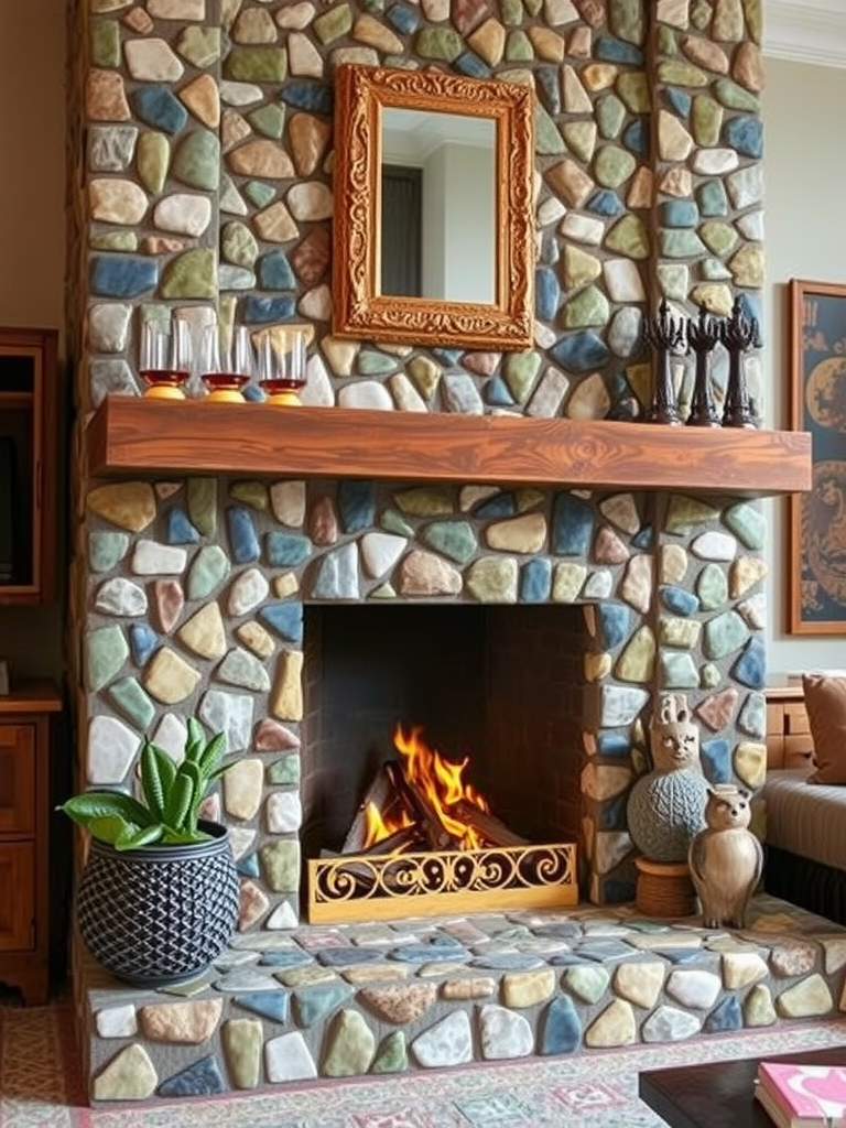 Artistic Mosaic Stone Fireplace