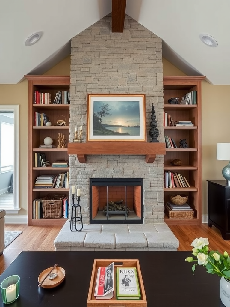 Stone Fireplace with Built-in Shelving