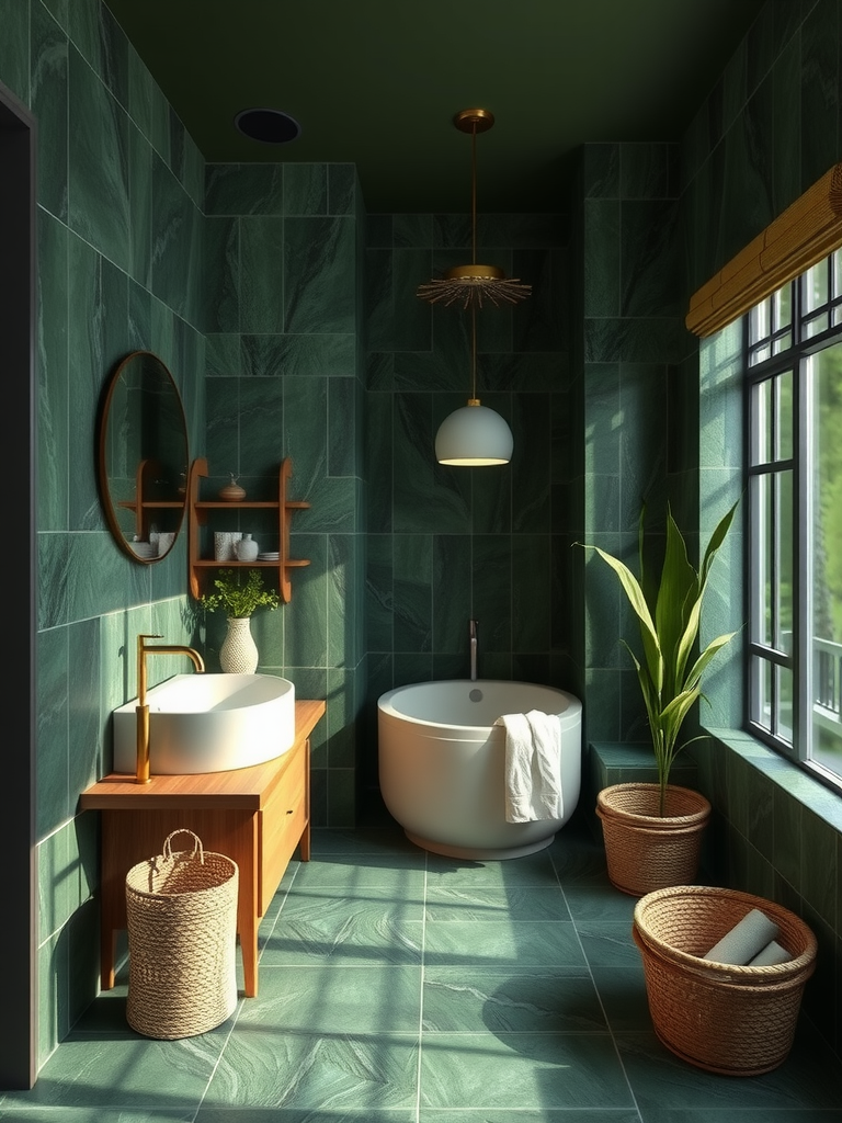 Nature Inspired Dark Green Bathroom