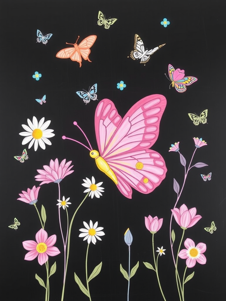 Whimsical Butterfly and Flower Scene