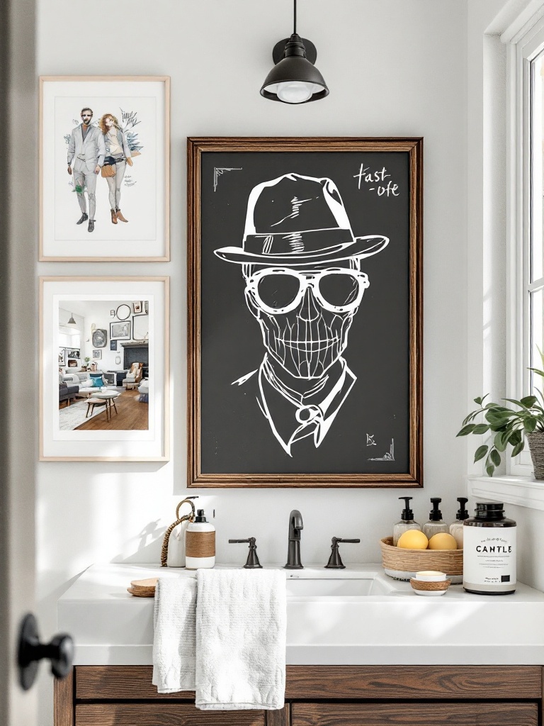 Stylish framed prints and illustrations enhancing a chic, personalized bathroom wall gallery.