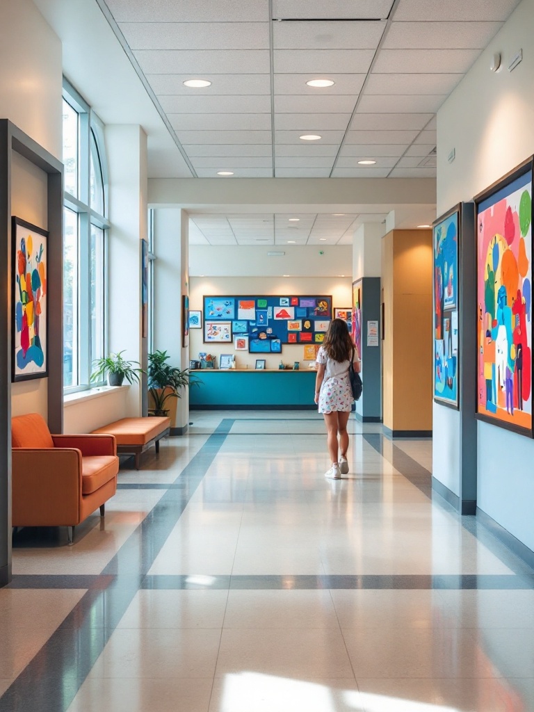 Colorful student artwork displayed in a school lobby, fostering pride and community engagement.