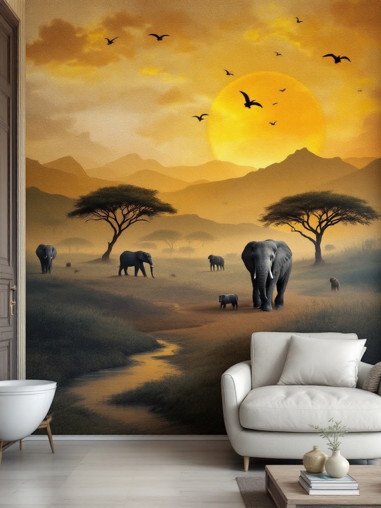 Wall mural showcasing African landscapes and wildlife, celebrating biodiversity and cultural heritage.