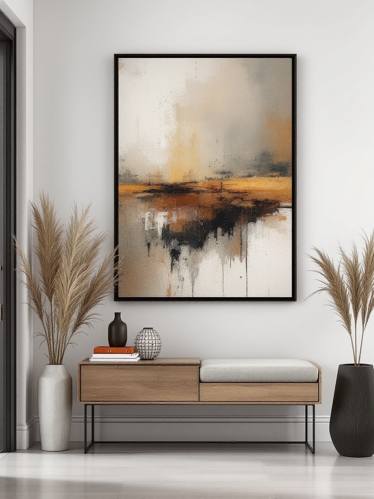 Captivating entrance decor with art, framed photos, and mirrors creating visual intrigue and personality.