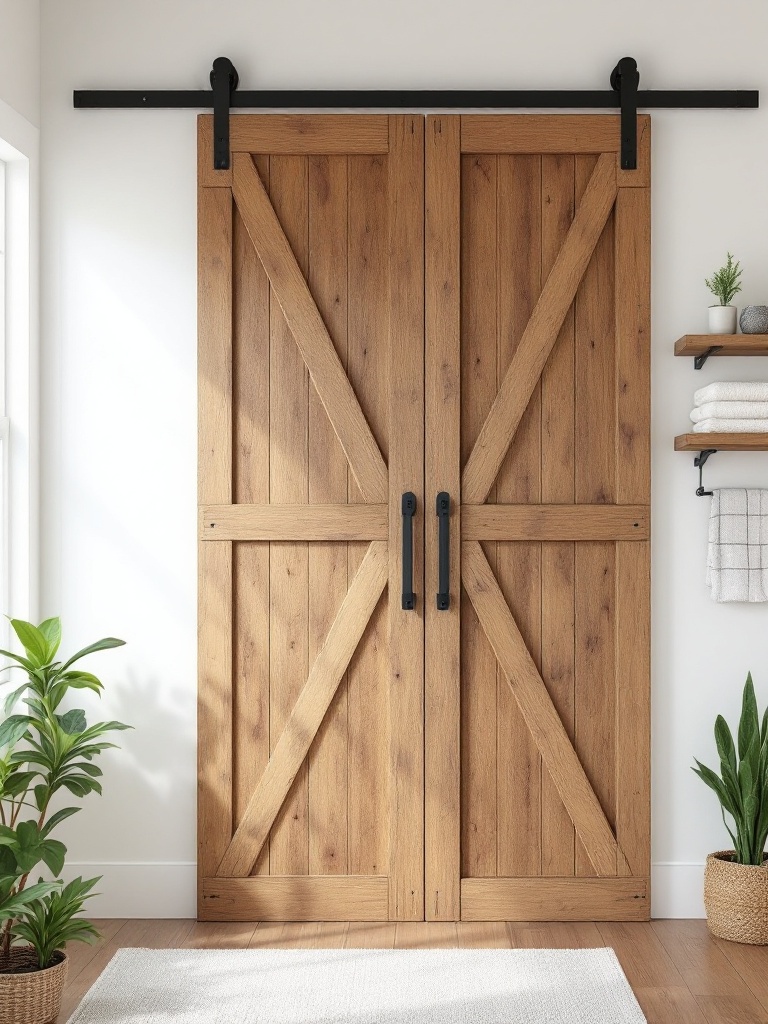 Charming barn doors separating a laundry room, adding rustic flair and space-saving practicality.