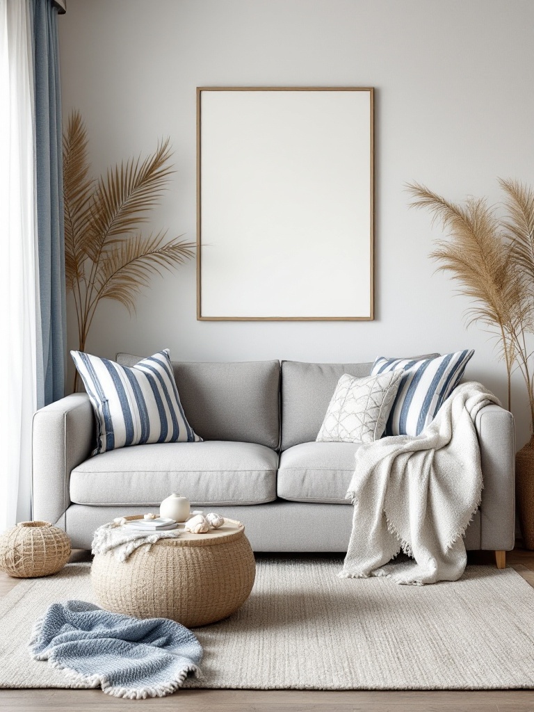 Grey couch with coastal decor, featuring light fabrics and ocean-inspired colors for a beachy vibe.