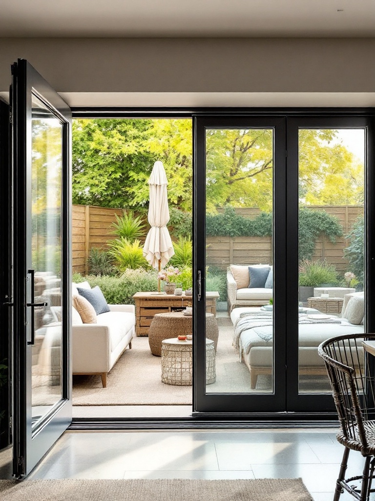 Bi-fold French doors open to a patio, enhancing outdoor living and seamless flow for entertaining.