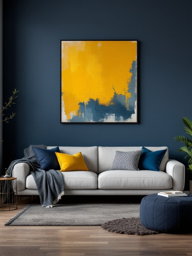 Grey couch paired with dark and vibrant colors, creating a dynamic, visually interesting living space.