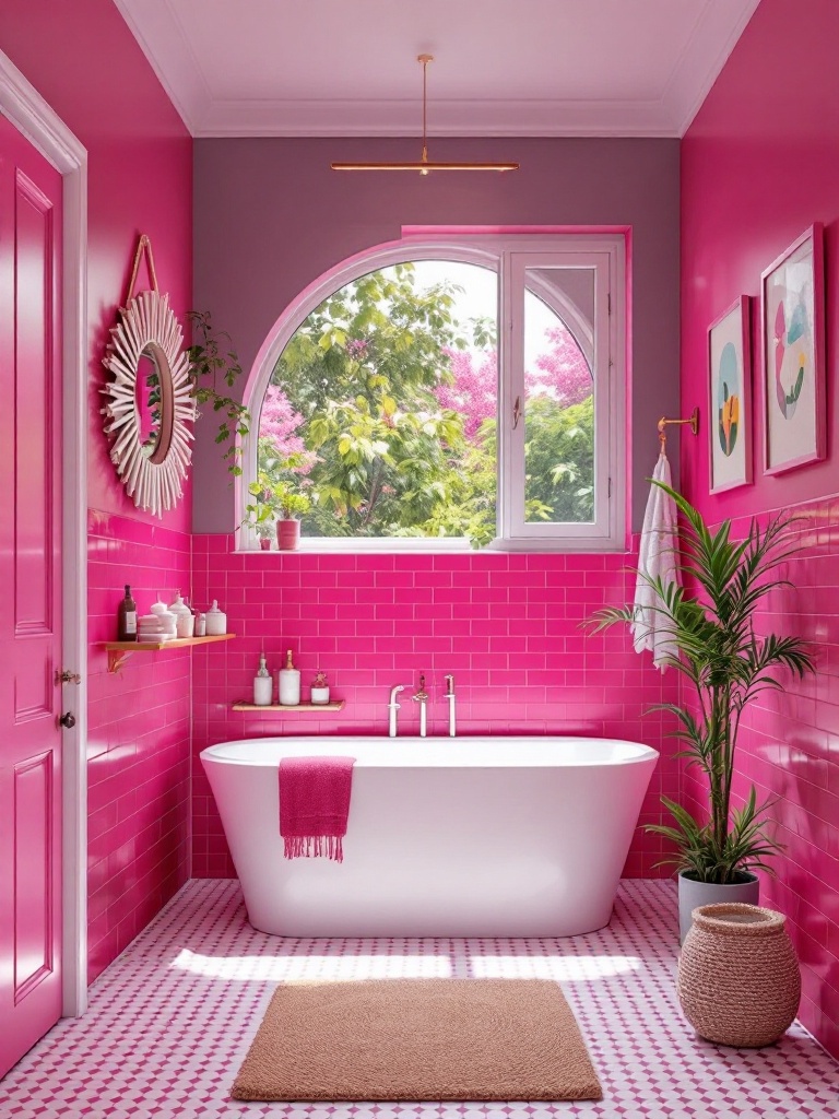A bathroom with bold fuchsia walls, white fixtures, and playful decor like patterned tiles and art.