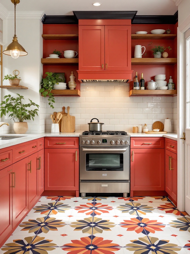 Bold patterned kitchen tiles featuring geometric and floral designs, enhancing the floor's aesthetic appeal.