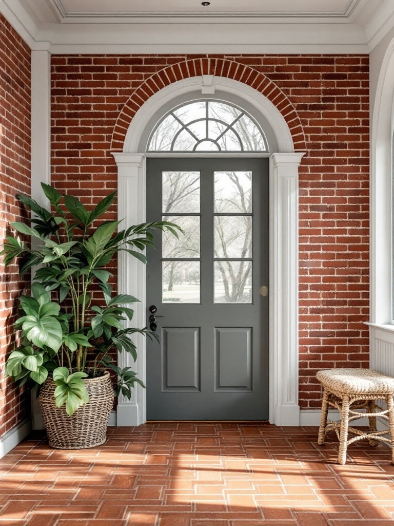 A red brick house featuring unique herringbone and basketweave patterns to enhance its visual appeal.