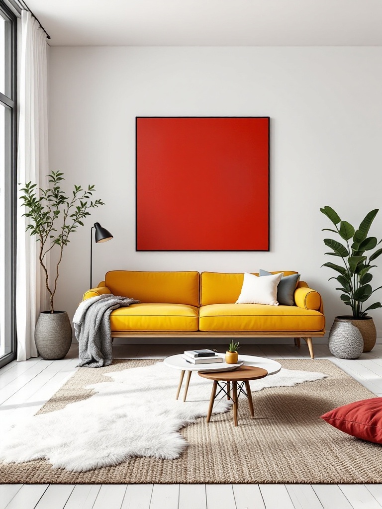 A bright white room featuring a bold yellow sofa and a vibrant red painting as focal design accents.