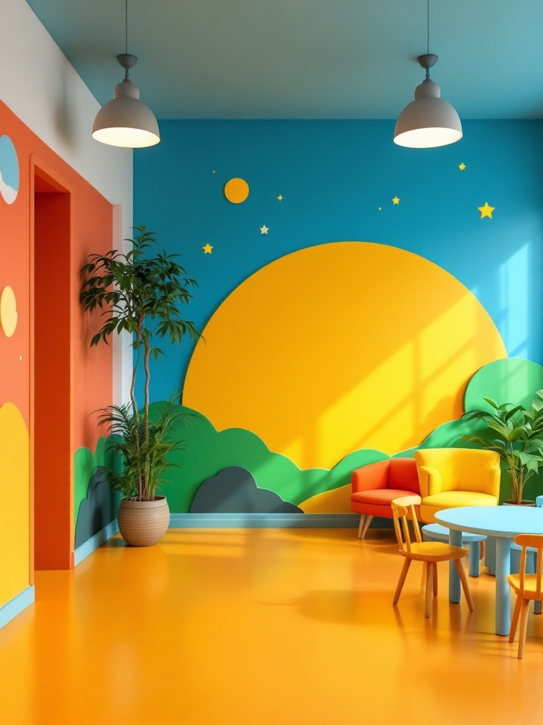 Brightly colored lobby designed for young children, featuring warm hues, cheerful murals, and a school mascot.
