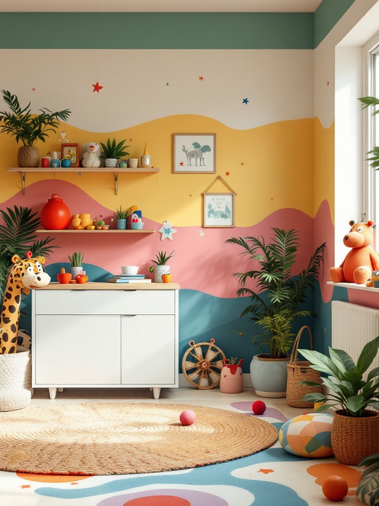 Colorful playroom with jungle safari theme, bright decals, rugs, and accessories fostering imagination.