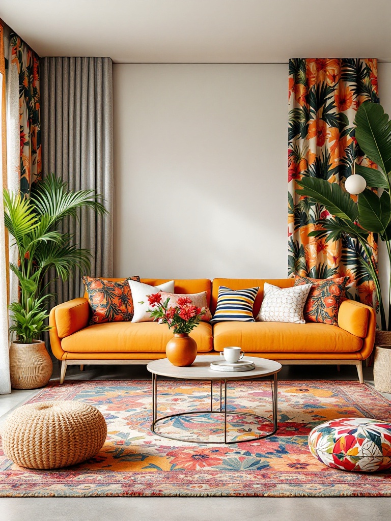 Vibrant tropical textiles with floral patterns on cushions, curtains, and rugs in a lively living space.