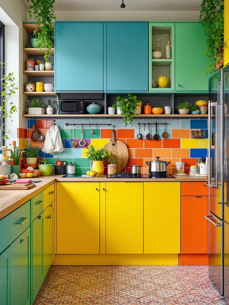 Colorful kitchen with bright cabinetry, funky tile backsplashes, and vibrant accessories for a lively vibe.