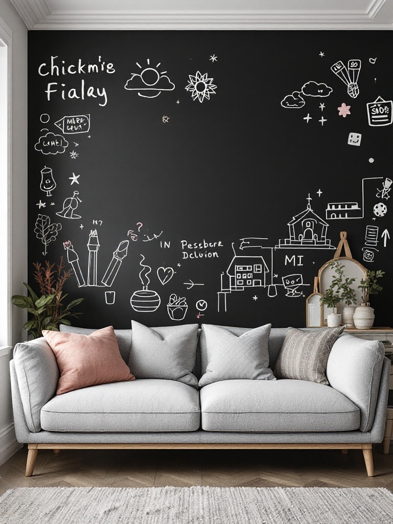A chalkboard wall with colorful chalks, showcasing notes, reminders, and playful artwork for creativity.
