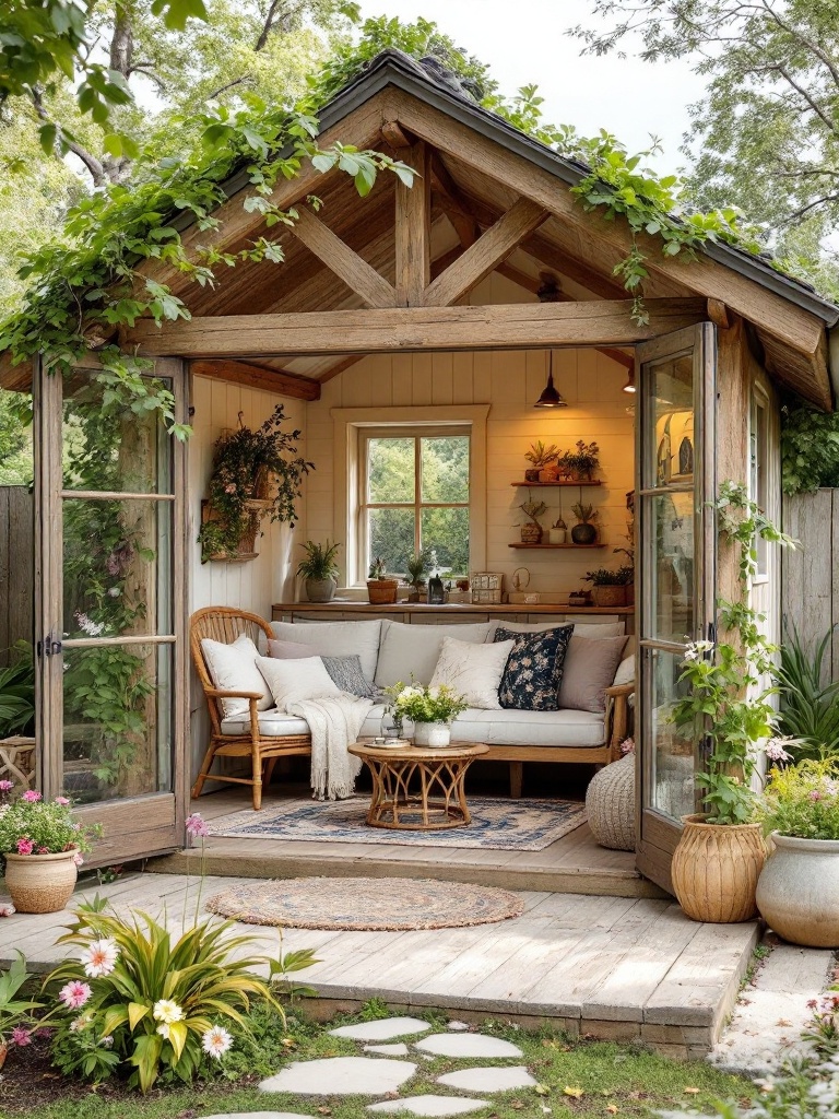 Cozy summer house from garden shed with windows, seating, and charming decor, inviting atmosphere.