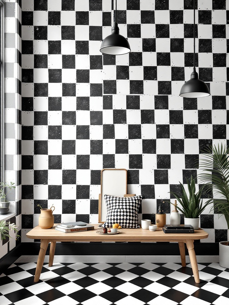 Checkerboard pattern wallpaper in a vintage kitchen setting adds a playful, retro vibe to the decor.