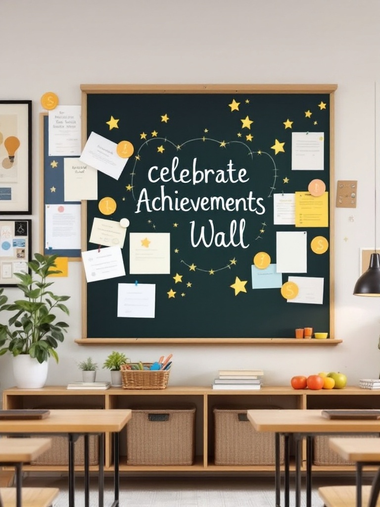 A classroom wall displaying student achievements, including certificates, photos, and motivational notes.