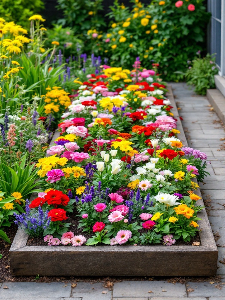 A classic rectangular flower bed with neat rows of colorful flowers, bordered by stone or wood.