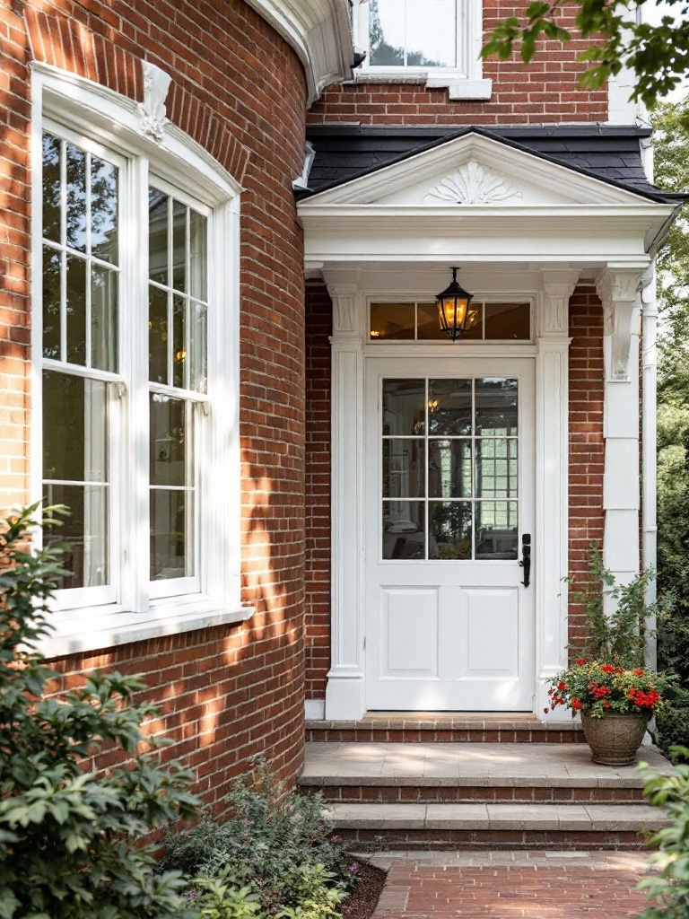 Classic white trim accentuates red brick, creating contrast and highlighting architectural features.