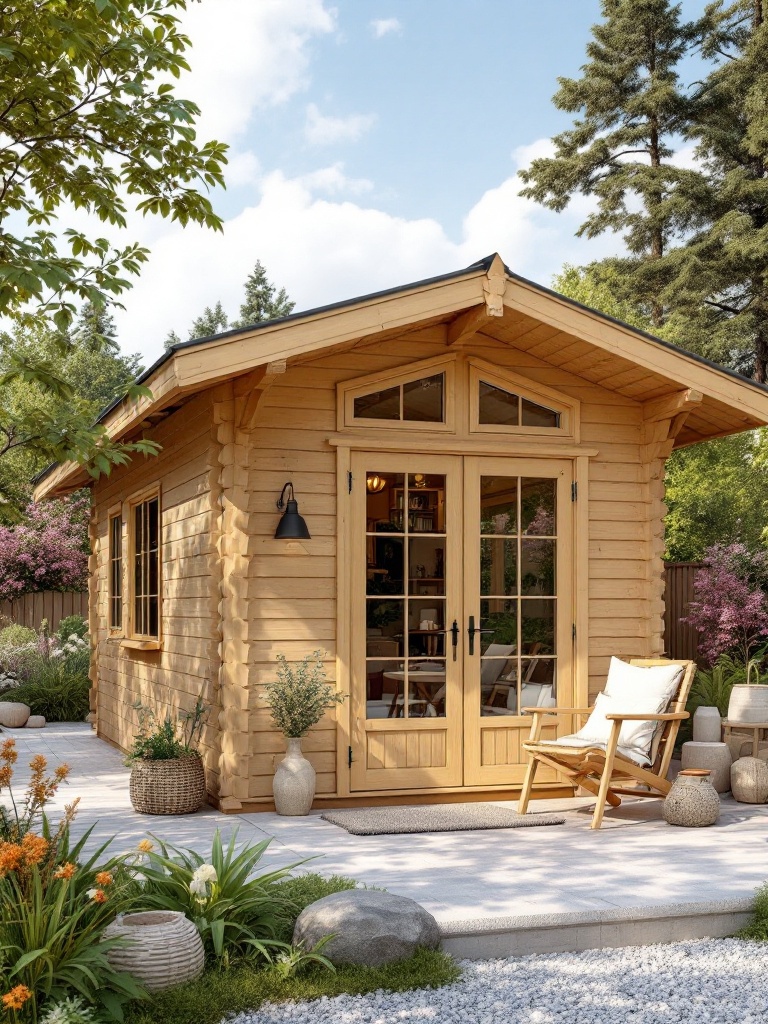 A rustic wooden cabin in a garden, featuring large windows and a porch, perfect for relaxation.