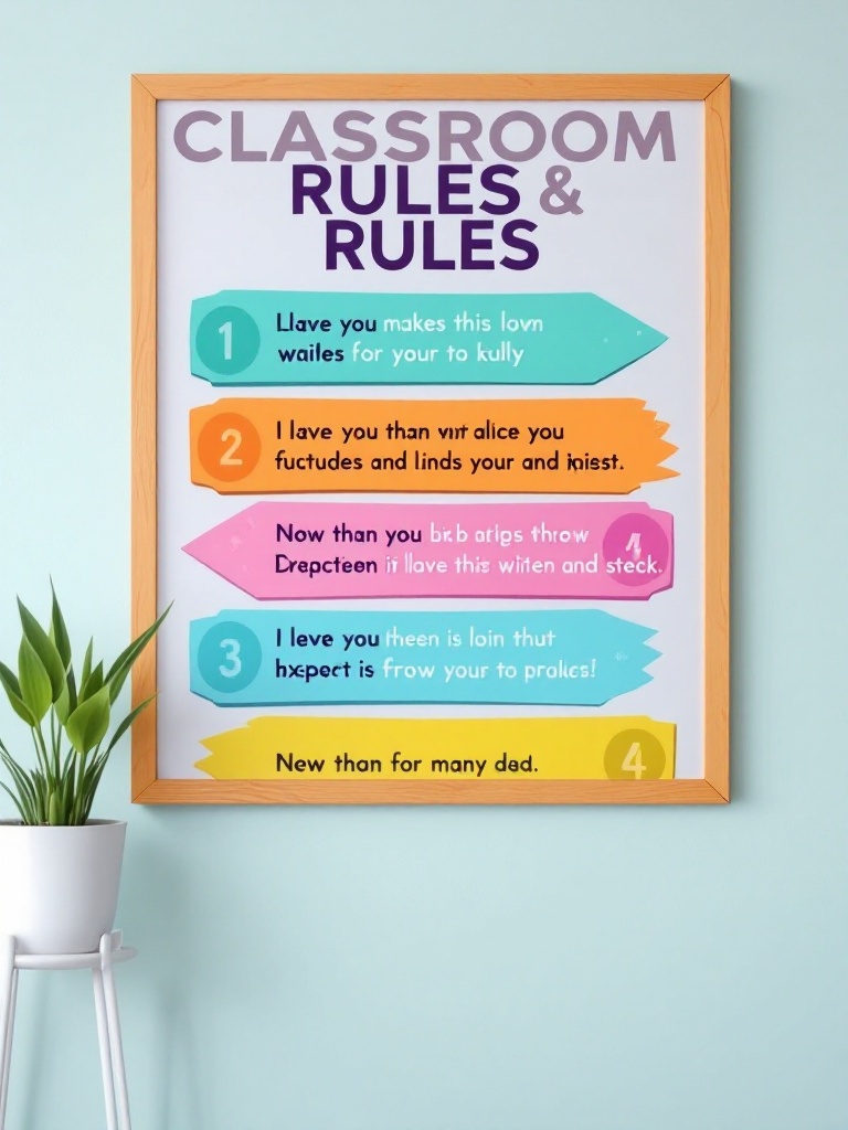 Colorful display of classroom rules with engaging visuals to promote behavior and accountability.