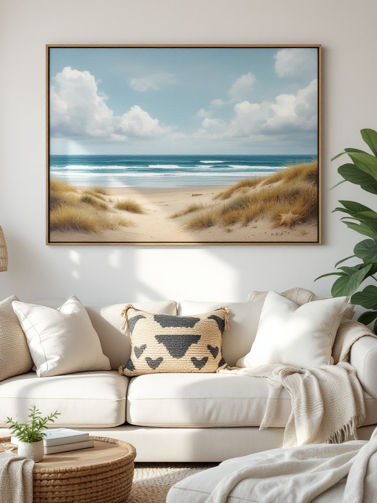 Coastal art pieces and ranch photographs in rustic frames enhancing a warm, inviting room atmosphere.