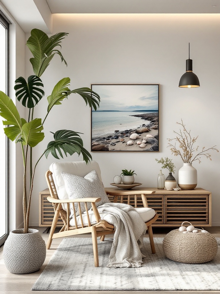 Tropical decor featuring seashells, driftwood, and nautical art for a cohesive beachside atmosphere.