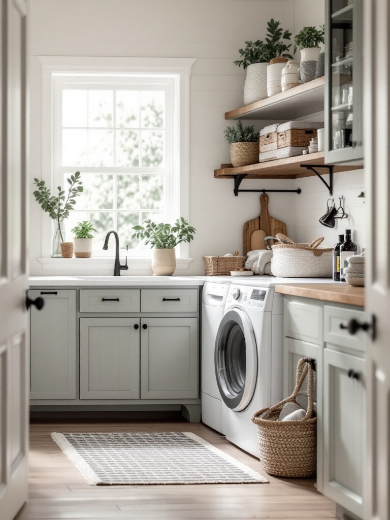 A cozy farmhouse laundry room with soft whites, rustic browns, and muted greens, featuring wood accents.