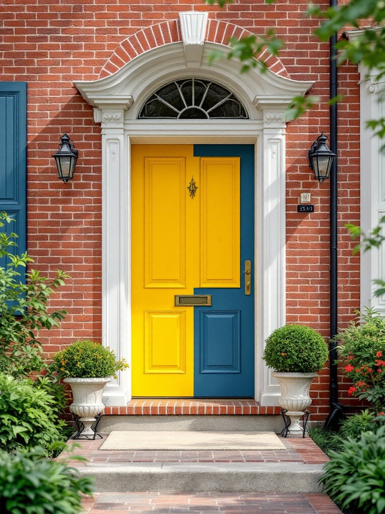 Brightly colored doors contrast with red brick home, showcasing individuality and timeless elegance.