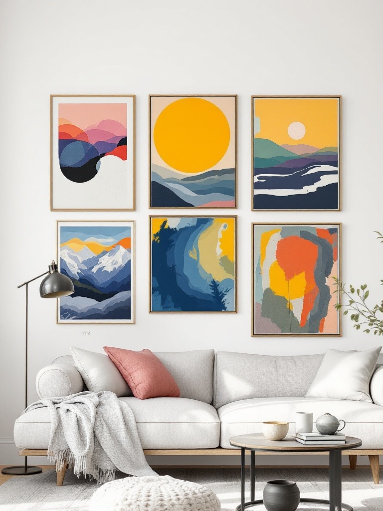 Colorful artwork displayed thoughtfully in a minimalist space, enhancing decor and sparking conversation.