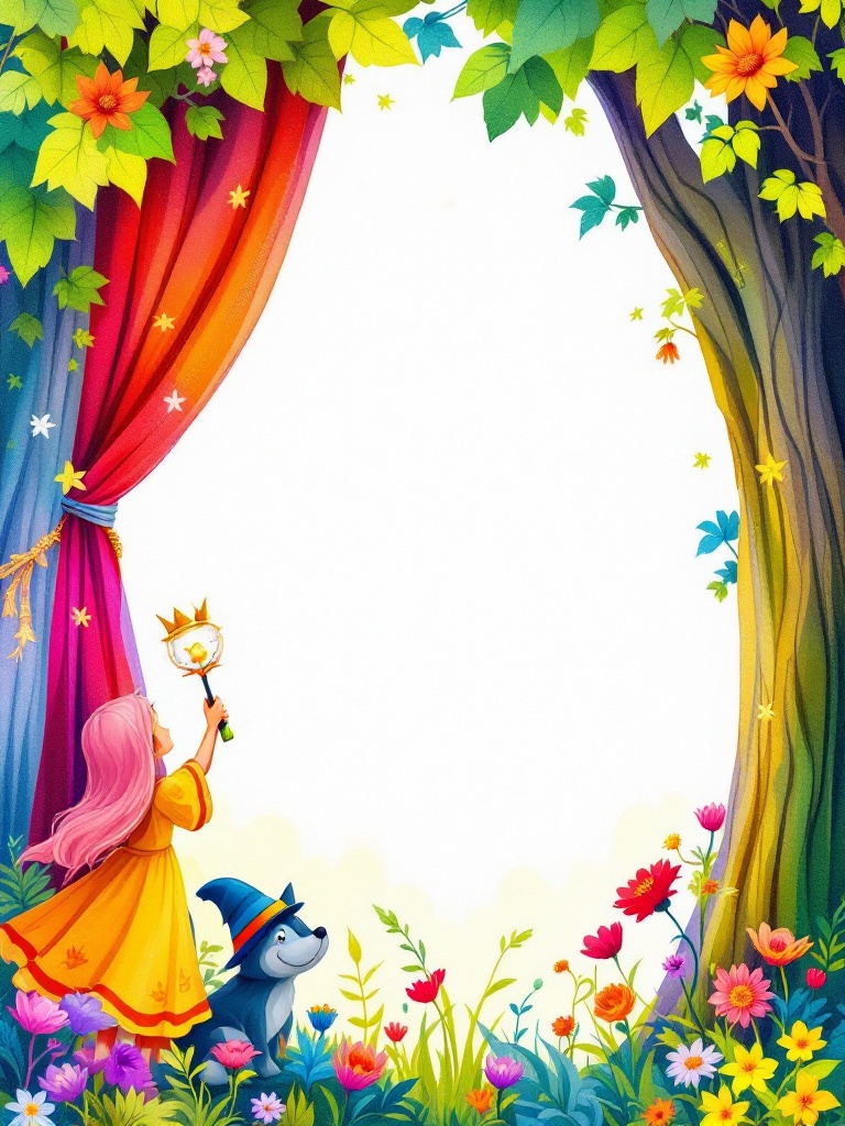 Colorful fairy tale banners with distinct fonts and graphics brighten up a classroom learning environment.