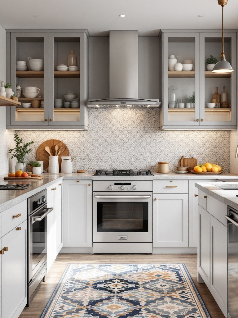 Mosaic tiles in vibrant colors and patterns enhance kitchen flooring, adding creativity and personalization.