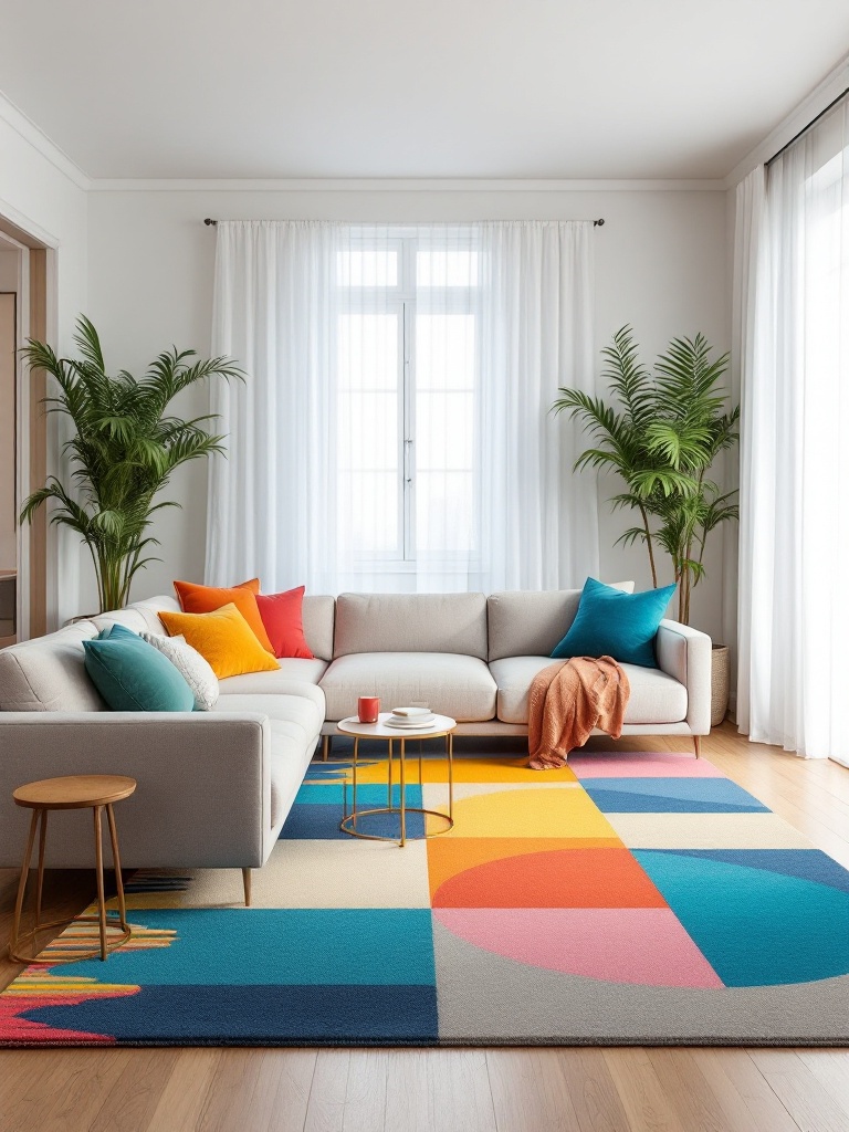 A colorful geometric rug adds style and comfort, defining spaces in a minimalist room with neutral decor.