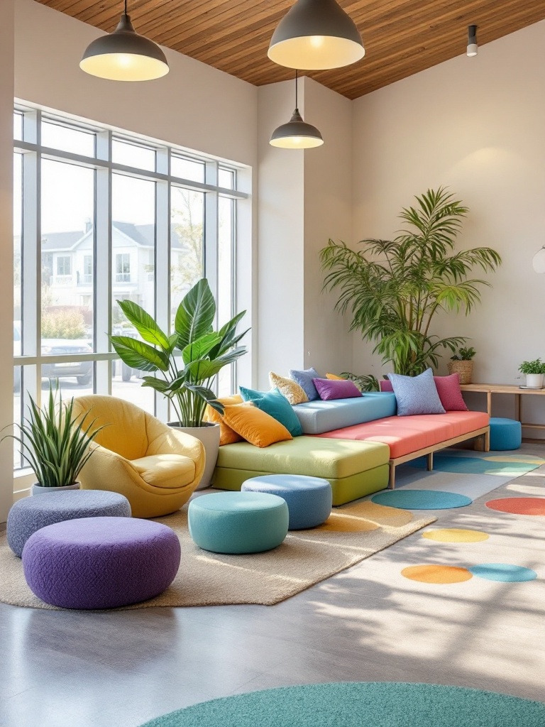 Comfortable, age-appropriate seating in a lobby with soft benches, bean bags, and ergonomic chairs.