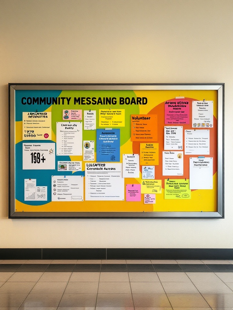 A vibrant community messaging board displays events, achievements, and volunteer opportunities in a school.