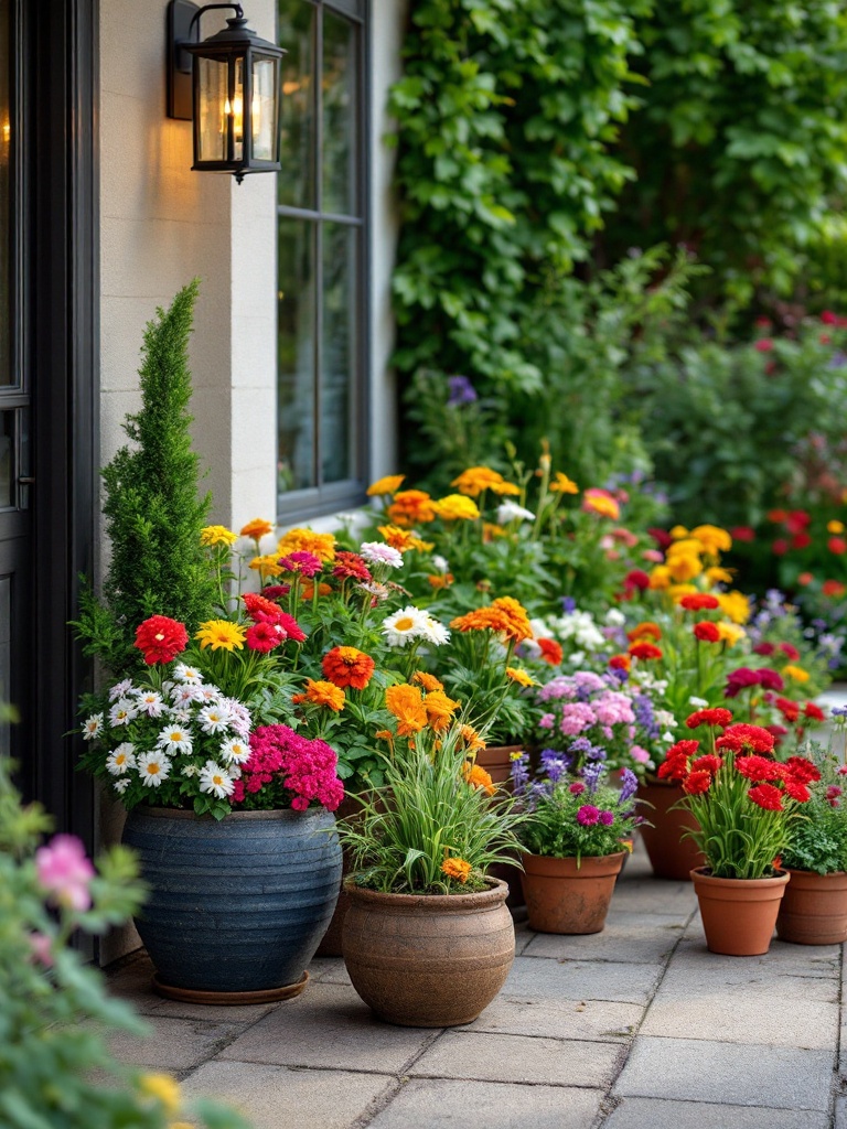 Colorful container garden with various pots and flowers arranged on a patio, showcasing flexibility and beauty.
