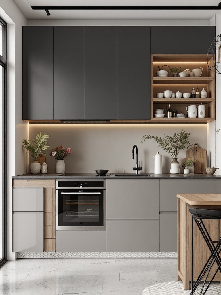 Modern chic kitchen featuring sleek design, high-end finishes, smart storage, and minimalist decor.