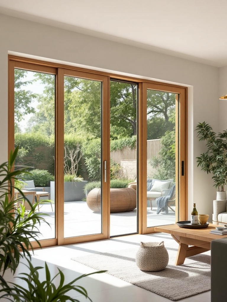 Contemporary glass French doors with wood frames enhance natural light and outdoor views in a patio.