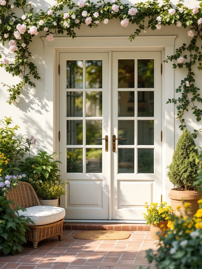Cottage-style French doors with small glass panes, surrounded by plants, create a charming patio entry.