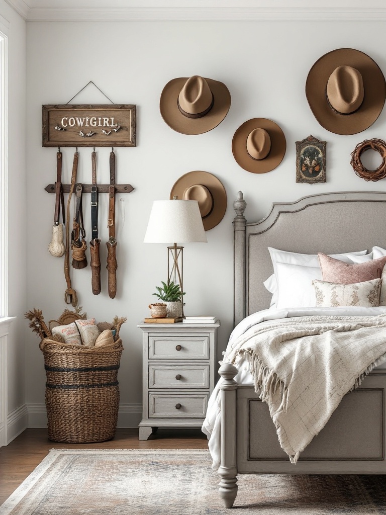 Coastal cowgirl bedroom featuring boots, hats, belts, and vintage spurs as artful decorative elements.