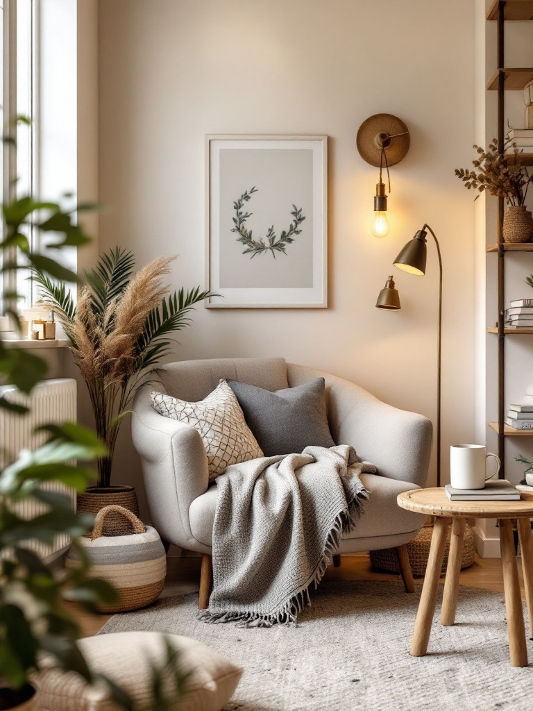 Cozy dorm corner with armchair, throw blanket, pillows, books, mug, and scented candle for relaxation.