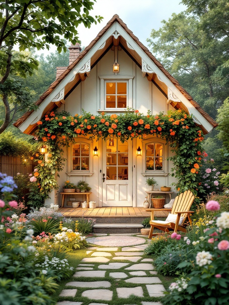Cozy cottage-style summer house with floral patterns, sloped roofs, wooden beams, and pastel colors.