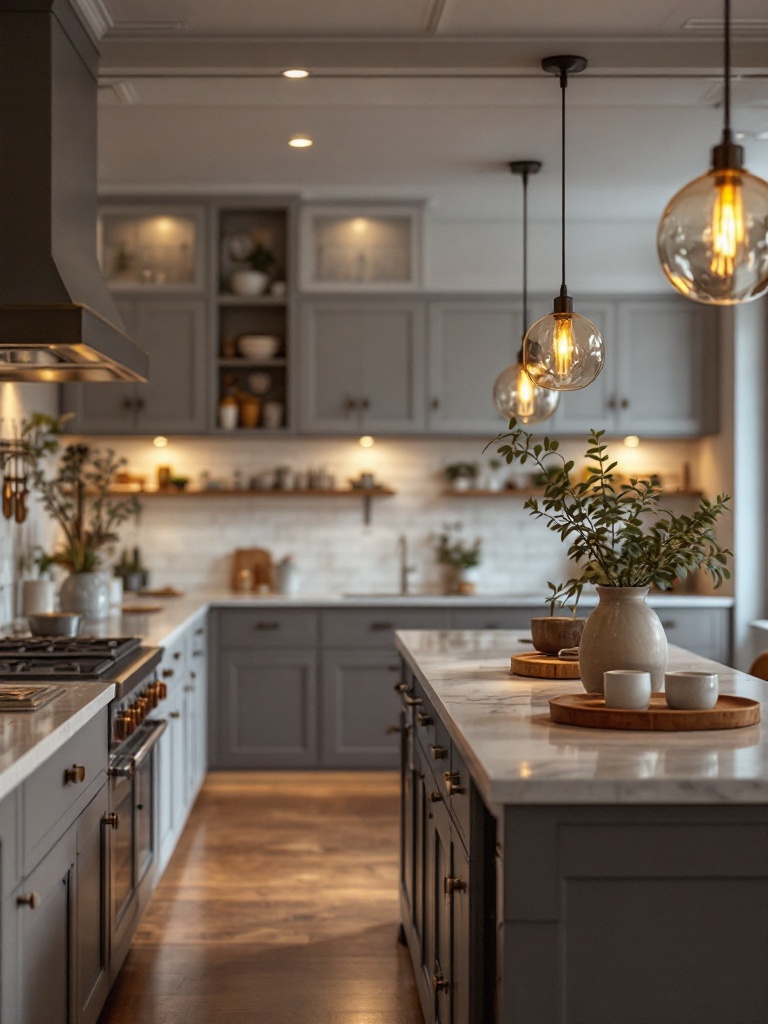 A warm and inviting kitchen with pendant lights over the island, featuring dimmable lighting for ambiance.